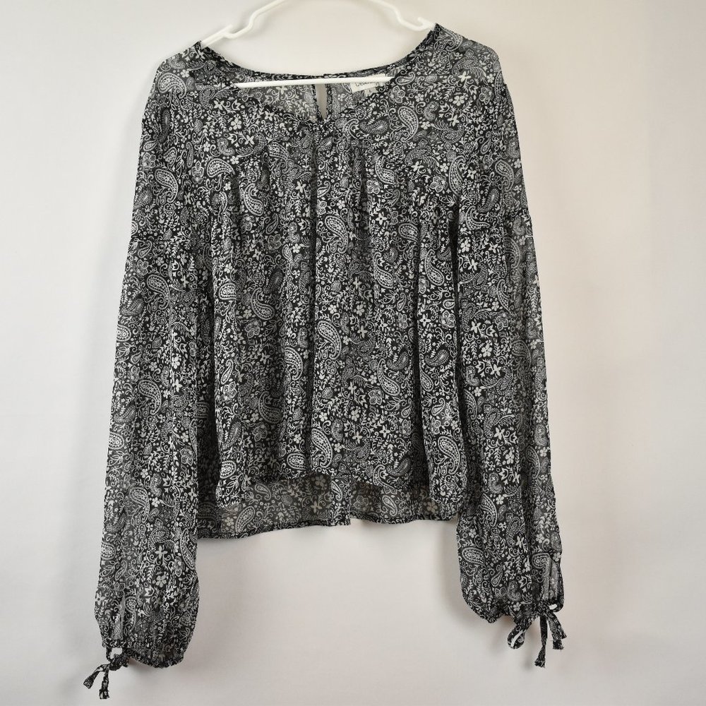 Olsenboye Black and White Paisley Floral Shear Long Sleeve Blouse Top Size Large